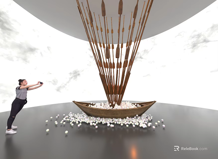 Art Installation Featuring Tall Brown Arrow Like Structures On Wooden Boat With Scattered White Balls 3d model 