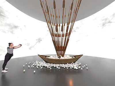 Art Installation Featuring Tall Brown Arrow Like Structures On Wooden Boat With Scattered White Balls 3d model