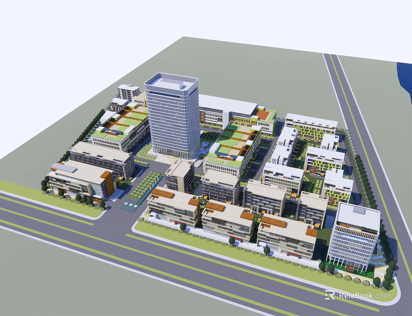 Modern Office Building Complex Featuring Multiple Buildings Green Areas And Roads 3d model
