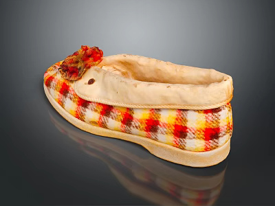 Plaid Slippers with Pom Pom Decoration Red Yellow White Light Sole for Comfortable Home Use 3d model