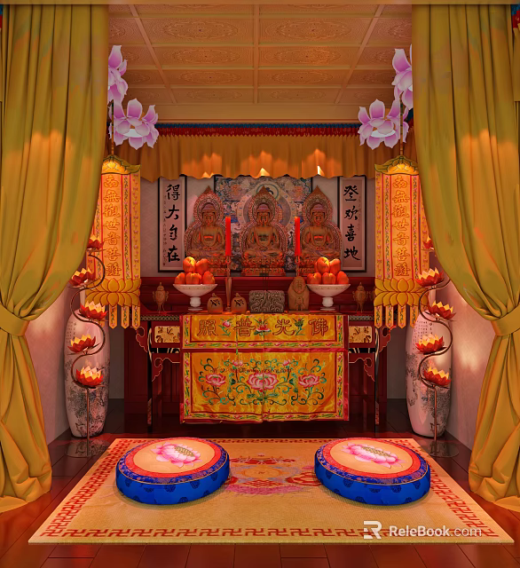 Religious Worship Altar With Buddha Statue Yellow Curtains Red Lotus Lanterns And Fruit Offerings 3d model 