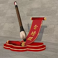 Elegant Chinese Brush Pen On Red Scroll With Golden List Inscription On Gray Stone Floor