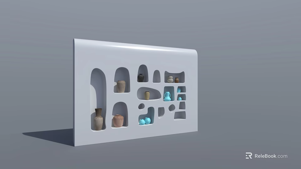 Modern White Display Shelf with Various Shaped Niches and Decorative Vases 3d model 