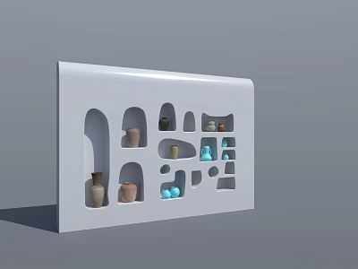 Modern White Display Shelf with Various Shaped Niches and Decorative Vases 3d model
