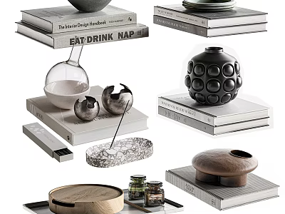 Stylish Stacked Books And Magazines With Decorative Vases Wooden Tray And Glass Jars 3d model