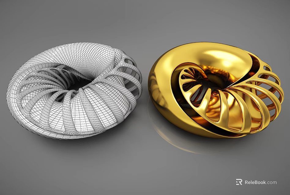 Decorative Ornament Set with White Mesh and Golden Spiral Circular Designs for Home Accent 3d model 