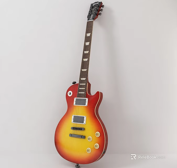 Electric Guitar Hanging On White Wall With Orange Yellow Gradient Wooden Neck And Metal Hardware 3d model 