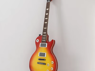 Electric Guitar Hanging On White Wall With Orange Yellow Gradient Wooden Neck And Metal Hardware 3d model