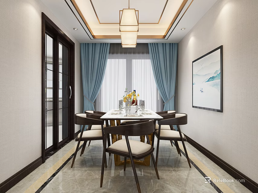 Elegant Restaurant Dining Area With Round Table Blue Curtains And Ceiling Lamp 3d model 