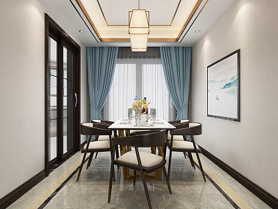 Elegant Restaurant Dining Area With Round Table Blue Curtains And Ceiling Lamp 3d model