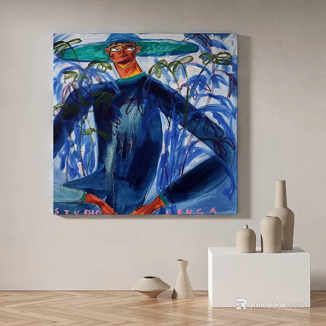 Abstract Painting With Blue Tones Figure And Leaf Elements On Canvas Wall Artwork 3d model