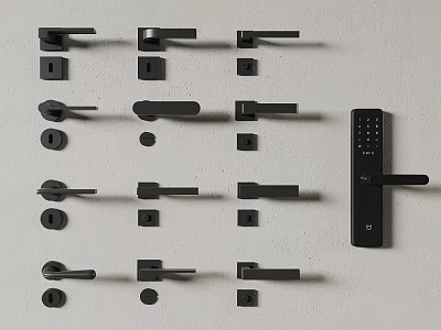 Modern Black Multiple Door Handles With Smart Door Lock Arranged On White Background 3d model