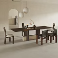 Stylish Dark Wood Dining Table Set with Four Chairs Vase Candles and White Pendant Lights