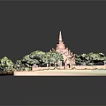 Ancient Architecture Model Featuring Red Pagoda Surrounded By Green Trees And Enclosure 3d model