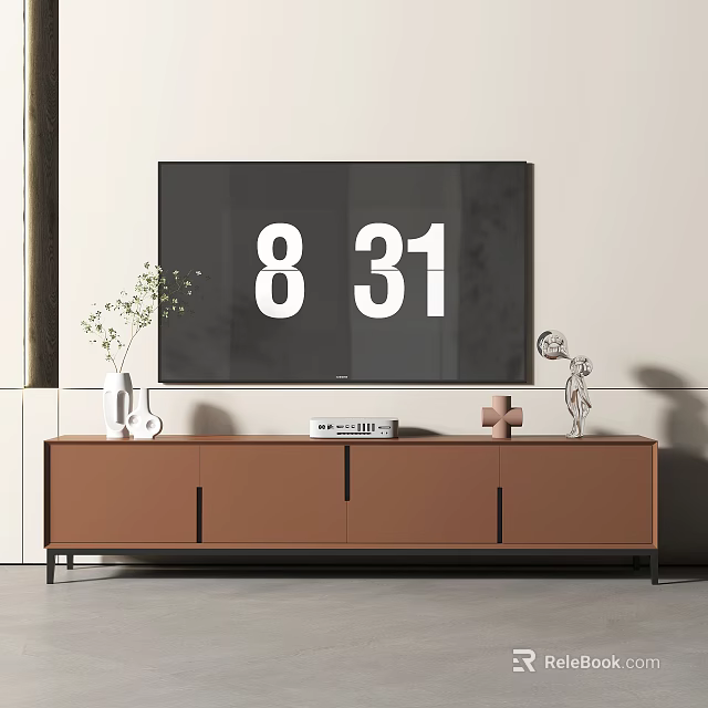 Modern Brown TV Stand With TV Storage Cabinets Decorative Vase And Clock 3d model 