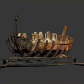 Ancient Wooden Water Vessel Model with Lanterns Stones and Ornate Wooden Frame