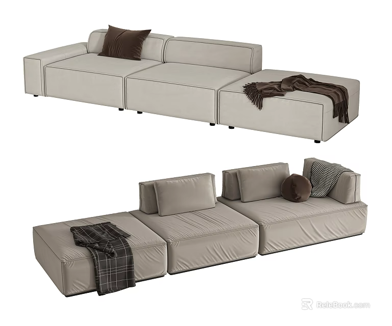 Modern Light Gray Fabric Sectional Sofa With Brown Pillows And Throw Blanket 3d model 