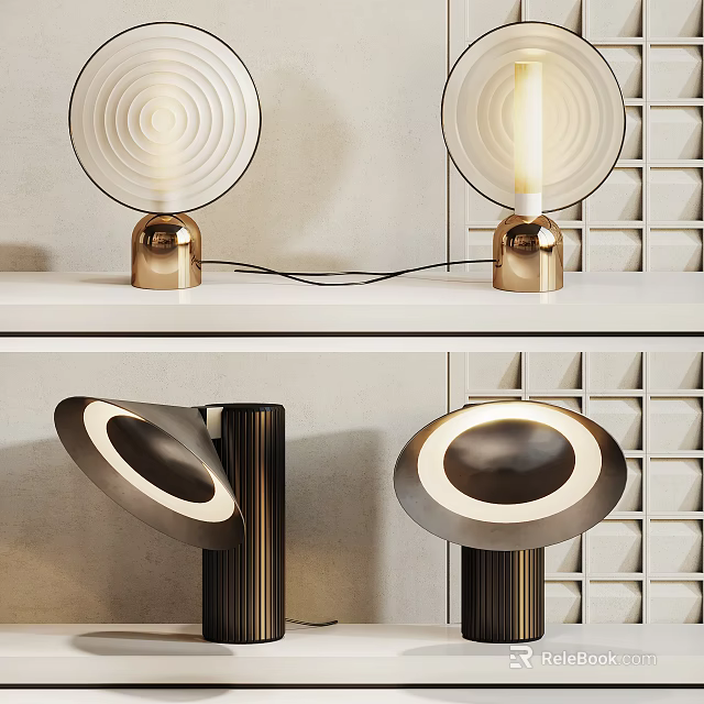 Modern Table Lamp With Brass Base Circular Frosted Shade And Warm Illumination On White Shelf 3d model 
