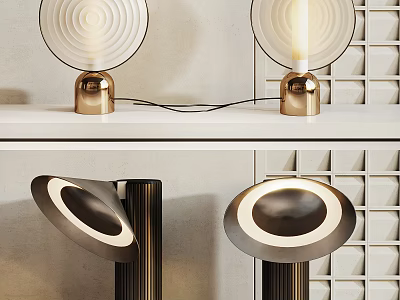 Modern Table Lamp With Brass Base Circular Frosted Shade And Warm Illumination On White Shelf 3d model