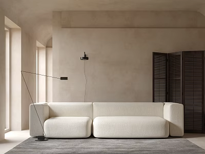 Beige Sectional Sofa In Modern Minimalist Interior With Floor Lamp Slatted Doors And Gray Rug 3d model