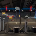 Hotpot Restaurant Modern Interior With Open Space Gray Walls Red Sculpture And Fireplace