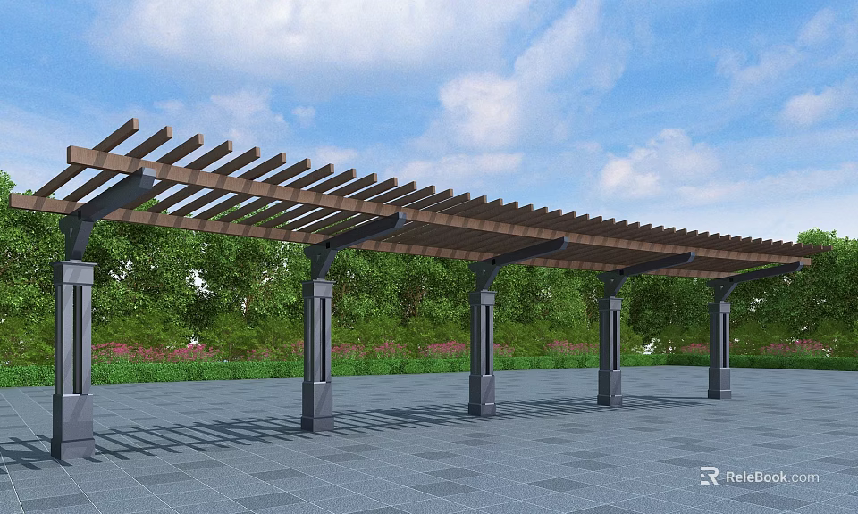Wooden Pergola With Latticed Roof And Columns In Paved Plaza With Green Trees 3d model 