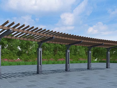 Wooden Pergola With Latticed Roof And Columns In Paved Plaza With Green Trees 3d model