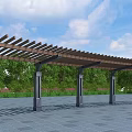 Wooden Pergola With Latticed Roof And Columns In Paved Plaza With Green Trees