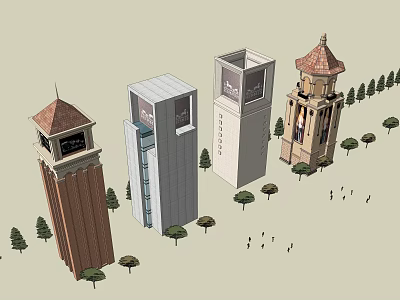 Different Style Towers with Clock Tower Glass Facade Screen Dome and Trees 3d model