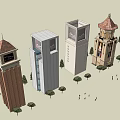 Different Style Towers with Clock Tower Glass Facade Screen Dome and Trees 3d model