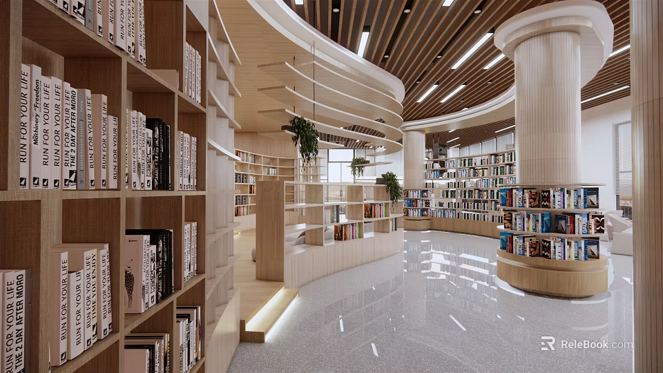 Book Art Inspired Library Interior With Wooden Bookshelves And Spacious Lighting 3d model 