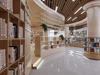 Book Art Inspired Library Interior With Wooden Bookshelves And Spacious Lighting 3d model