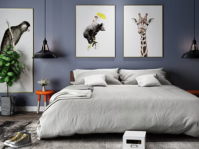 Cozy Double Bed With Gray Bedspread And Animal Paintings On Dark Blue Wall 3d model