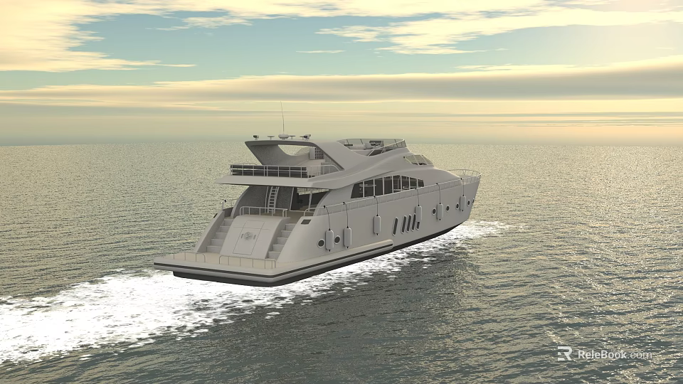 Sleek Modern Luxury Yacht Cruising On Calm Sea With Golden Sunset And White Waves 3d model 