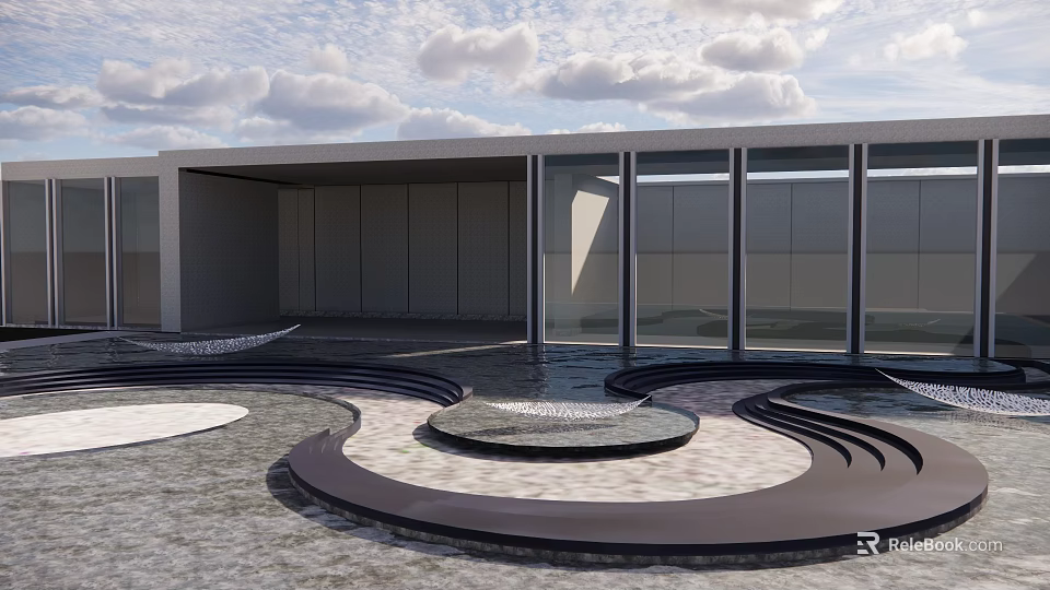 Modern Garden Landscape With Circular Pool Curved Paving And Glass Curtain Wall 3d model 