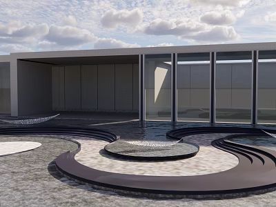 Modern Garden Landscape With Circular Pool Curved Paving And Glass Curtain Wall 3d model