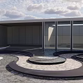 Modern Garden Landscape With Circular Pool Curved Paving And Glass Curtain Wall
