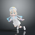 Cute 3D Game Anime Character With Blonde Hair Blue Tips White Hat And Striped Dress