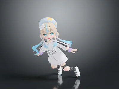 Cute 3D Game Anime Character With Blonde Hair Blue Tips White Hat And Striped Dress 3d model