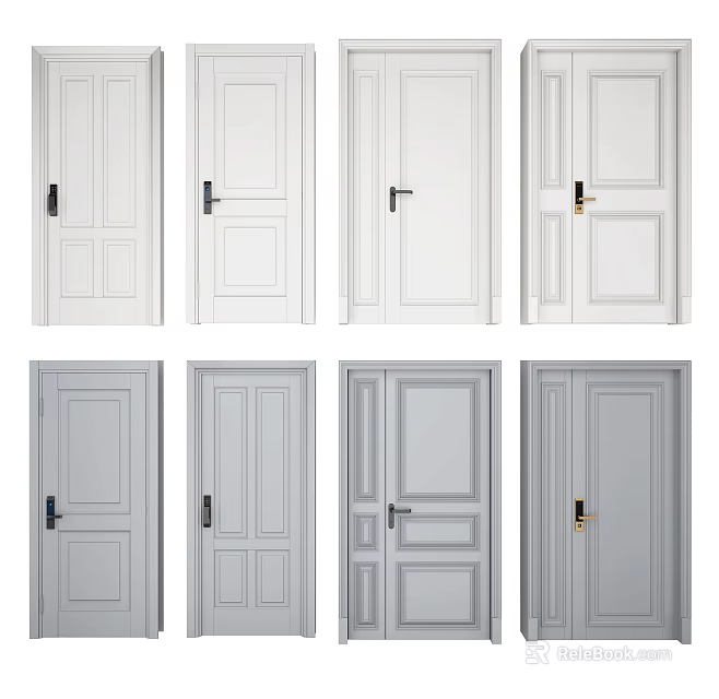 Modern White And Gray Hinged Doors With Various Panel Designs And Handles 3d model