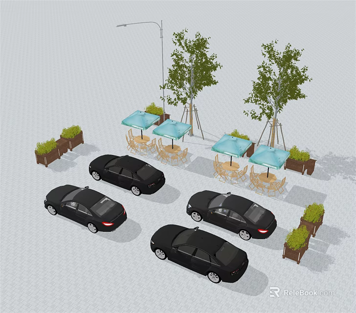 Black Cars Parked In Outdoor Area With Blue Umbrellas Trees And Flower Beds 3d model 