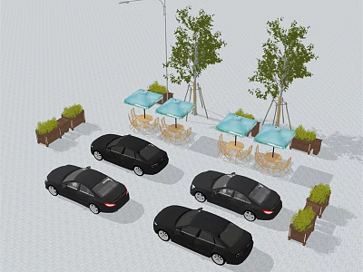 Black Cars Parked In Outdoor Area With Blue Umbrellas Trees And Flower Beds 3d model