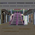 Shopping Mall Lobby With Dual Escalators Storefronts And Tile Flooring Under Ceiling Lighting