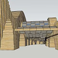 Modern Wooden Memorial Archway With Wavy Design And People Around