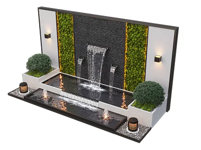 Contemporary Water Fountain With Green Living Wall Flowing Water Wall Lights And Small Shrubs 3d model