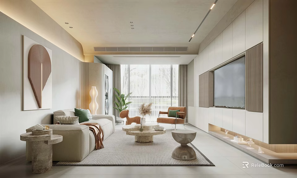 Modern Living Room Interior Design With Beige Sofa Green Plants And Floor to Ceiling Windows 3d model 