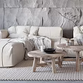 Natural Rustic Living Room Interior With Beige Sofa Wooden Coffee Tables And Stone Wall