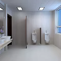 Public Restroom Interior With Wooden Stalls Urinal Window And White Tiled Floor