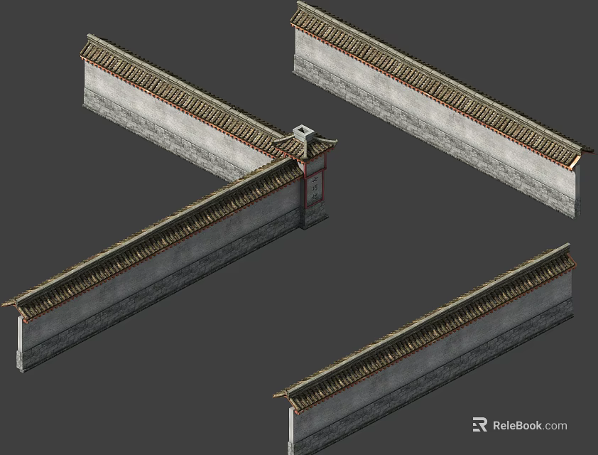 Traditional Chinese Building Exterior Wall With Gray Bricks And Tile Roof Design 3d model 