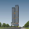 Modern Office Building Featuring Two Tall Towers Glass Facade And Surrounding Greenery